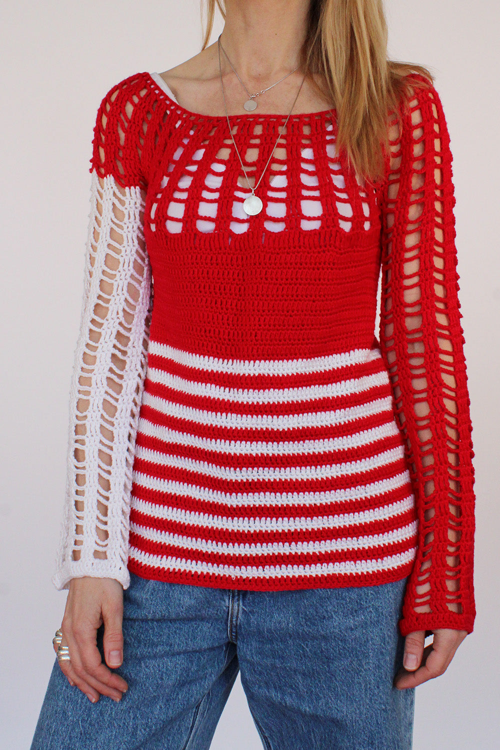 Vintage 70s trui met gehaakte mouwen