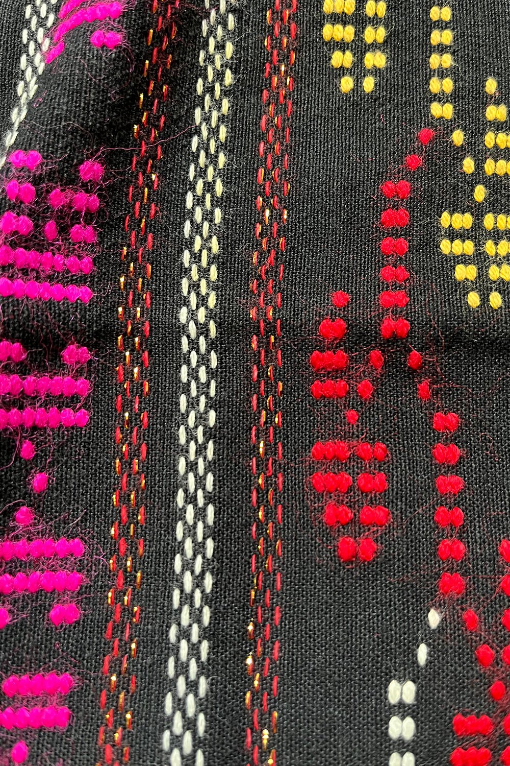 Close up stofdetail vintage jaren 70 Mexicaanse handgeborduurde top in zwart met kleurrijk borduurwerk, ongedragen katoenen blouse
