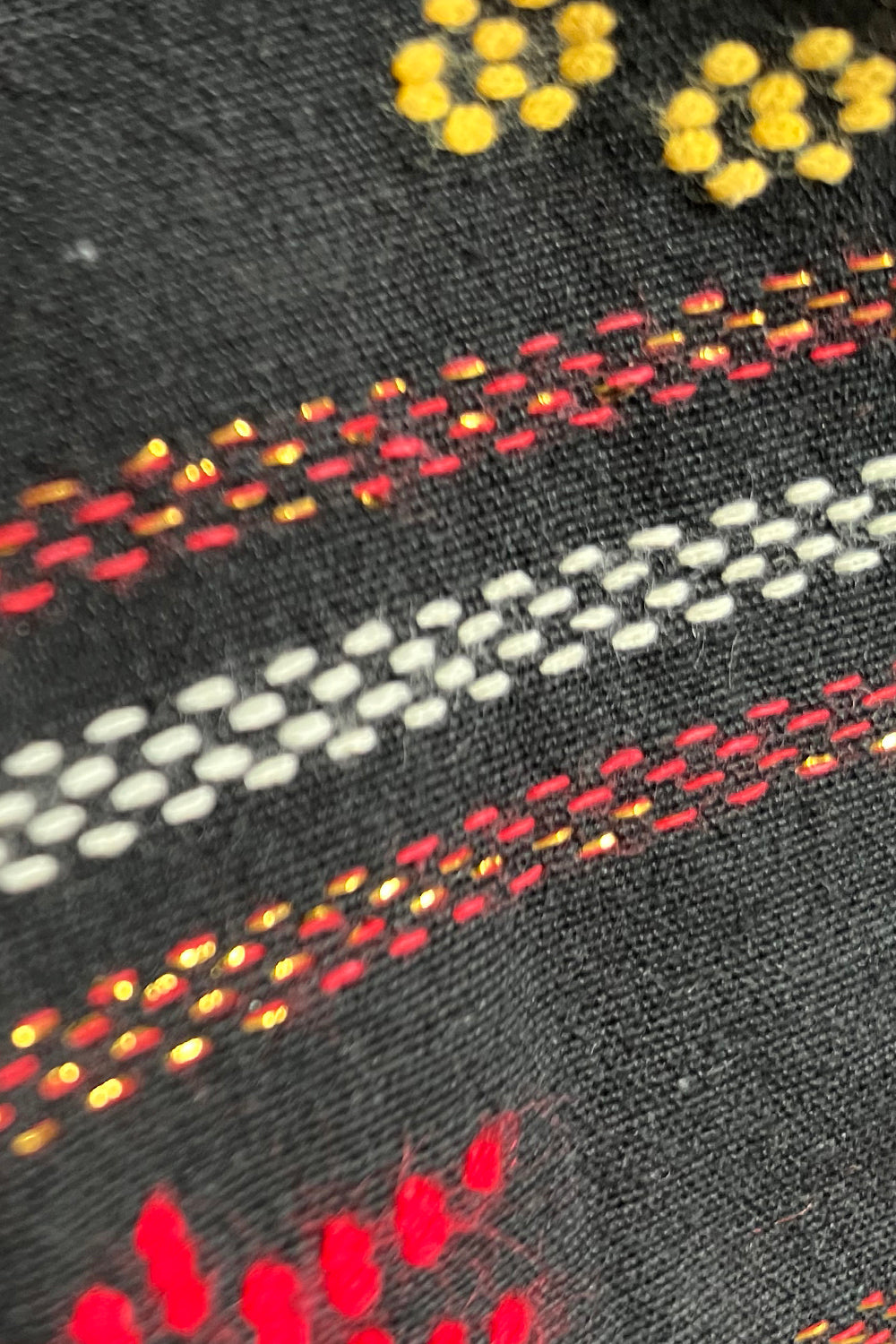 Close up stofdetail vintage jaren 70 Mexicaanse handgeborduurde top in zwart met kleurrijk borduurwerk, ongedragen katoenen blouse