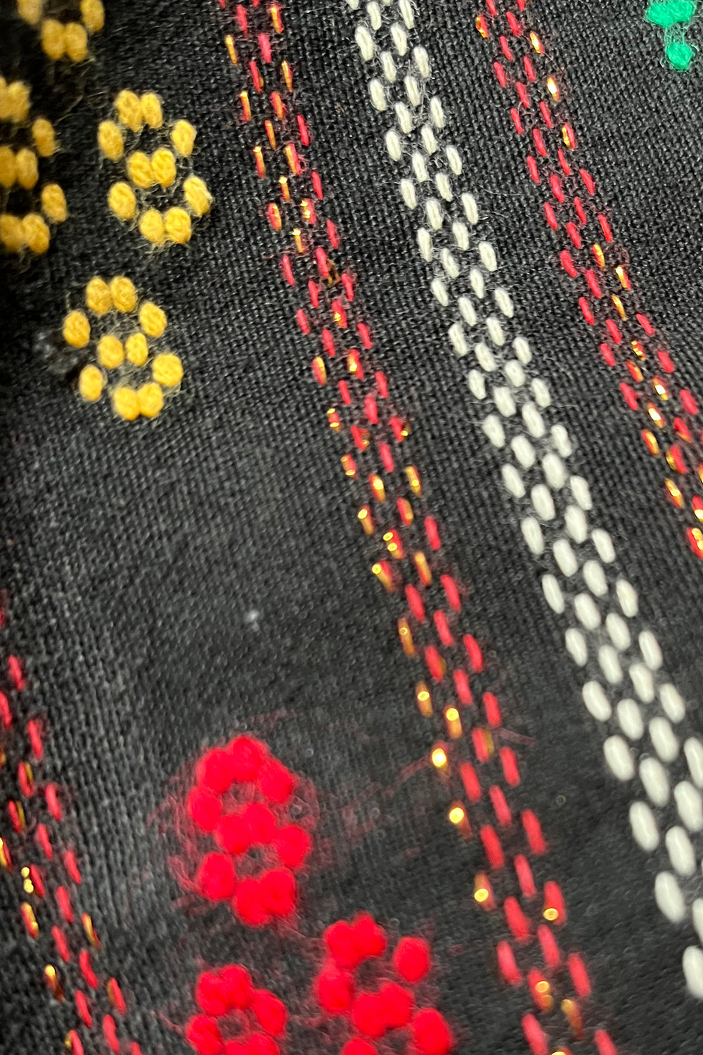 Close up stofdetail vintage jaren 70 Mexicaanse handgeborduurde top in zwart met kleurrijk borduurwerk
