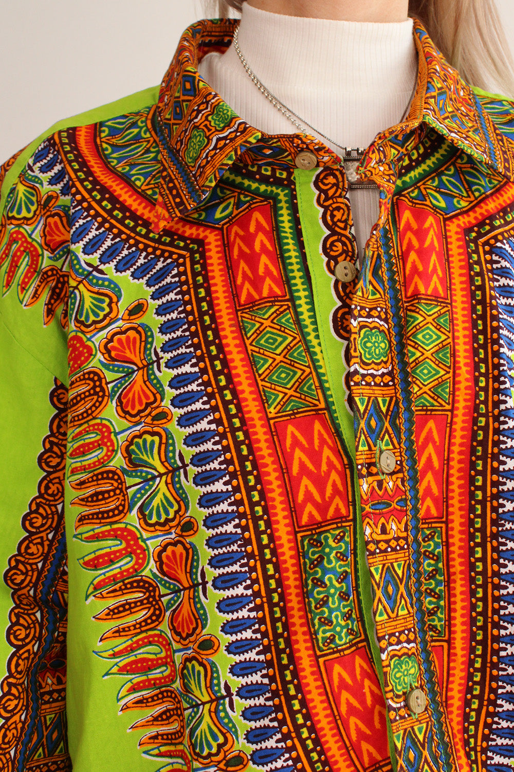 Vintage jaren 70 Dashiki shirt bohemian stijl patroon detail hals en sluiting