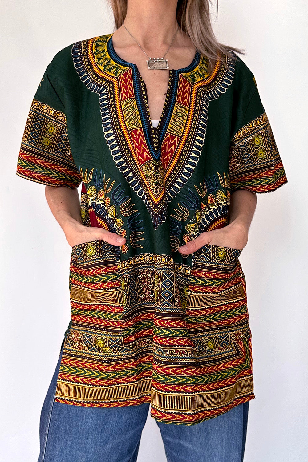 Vintage Dashiki tuniek jaren 70 authentieke Afrikaanse print voorkant uniek