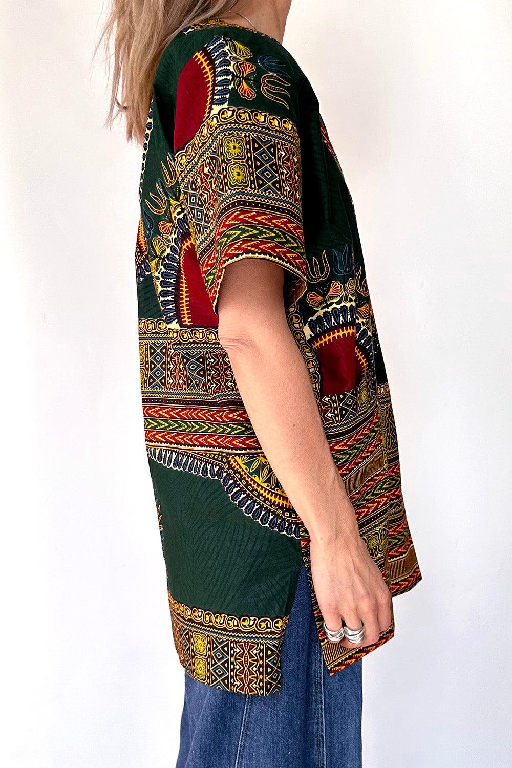 Vintage Dashiki tuniek jaren 70 etnische print zijkant detail