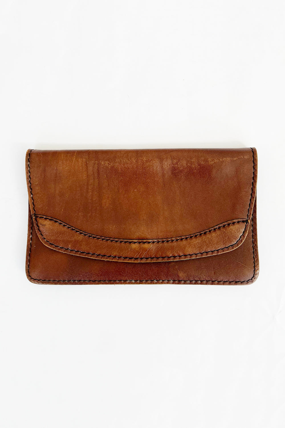 Vintage jaren 70 Gabrielle Paris tuigleer clutch bruin - leren tas met grove zwarte stiksels