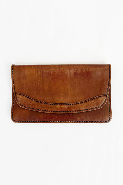 Vintage jaren 70 Gabrielle Paris tuigleer clutch bruin - leren tas met grove zwarte stiksels