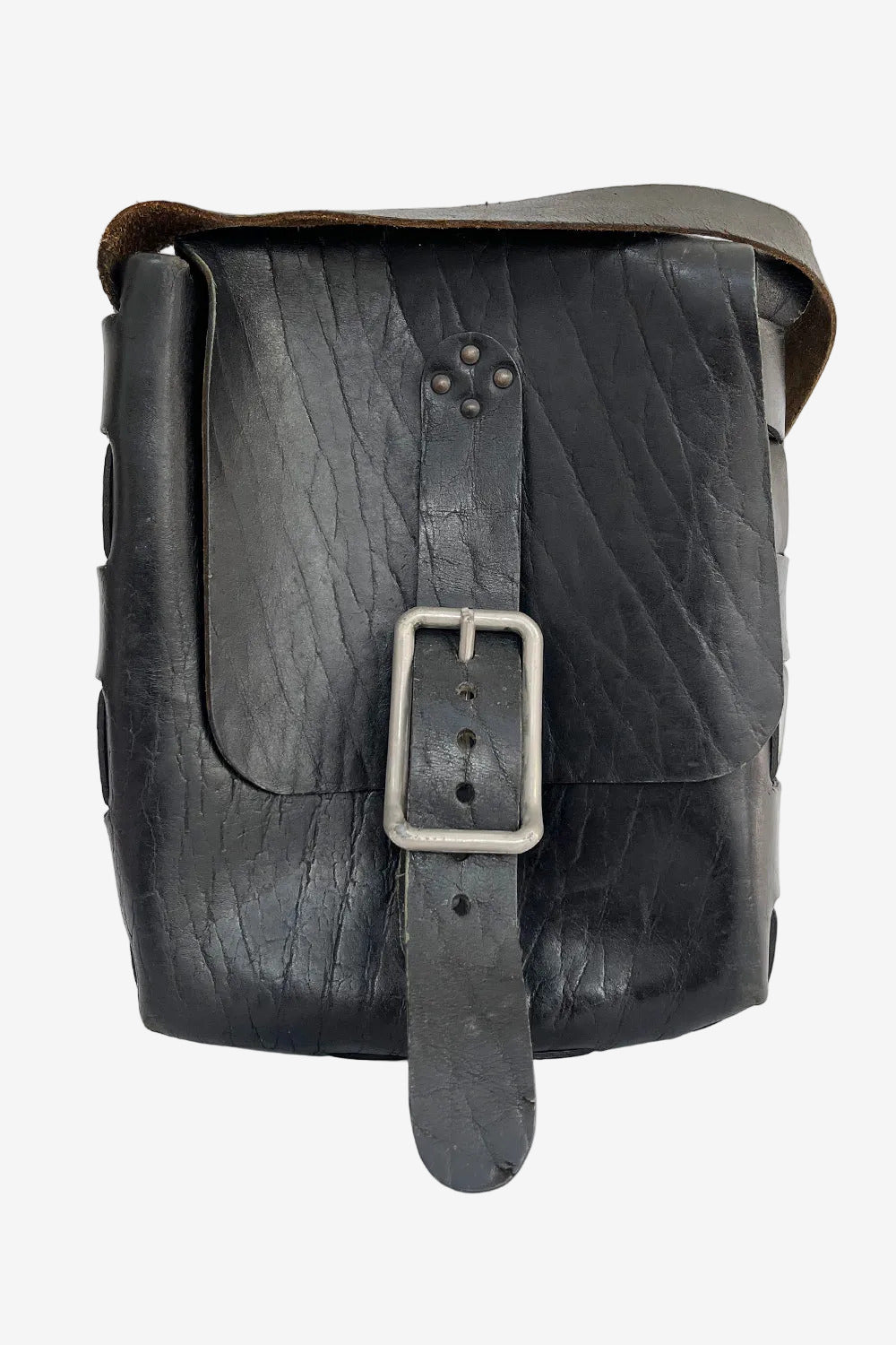 Vintage jaren 60 tuigleer schoudertas zwart - stevige leren tas met metalen gesp