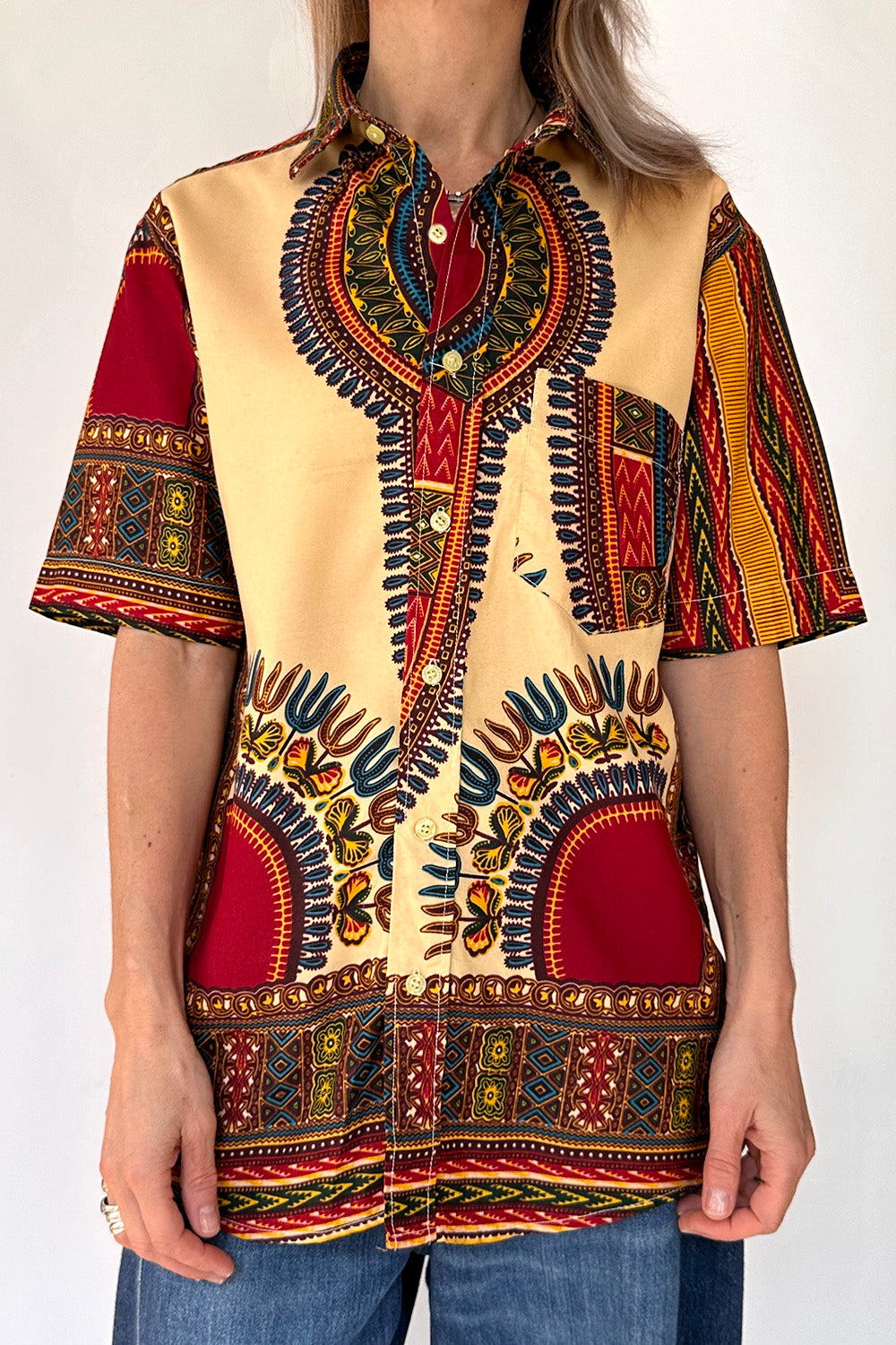 Vintage jaren 70 Dashiki shirt maat 38 etnische print voorkant