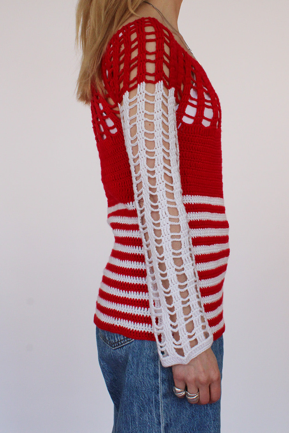 Vintage 70s trui met gehaakte mouwen