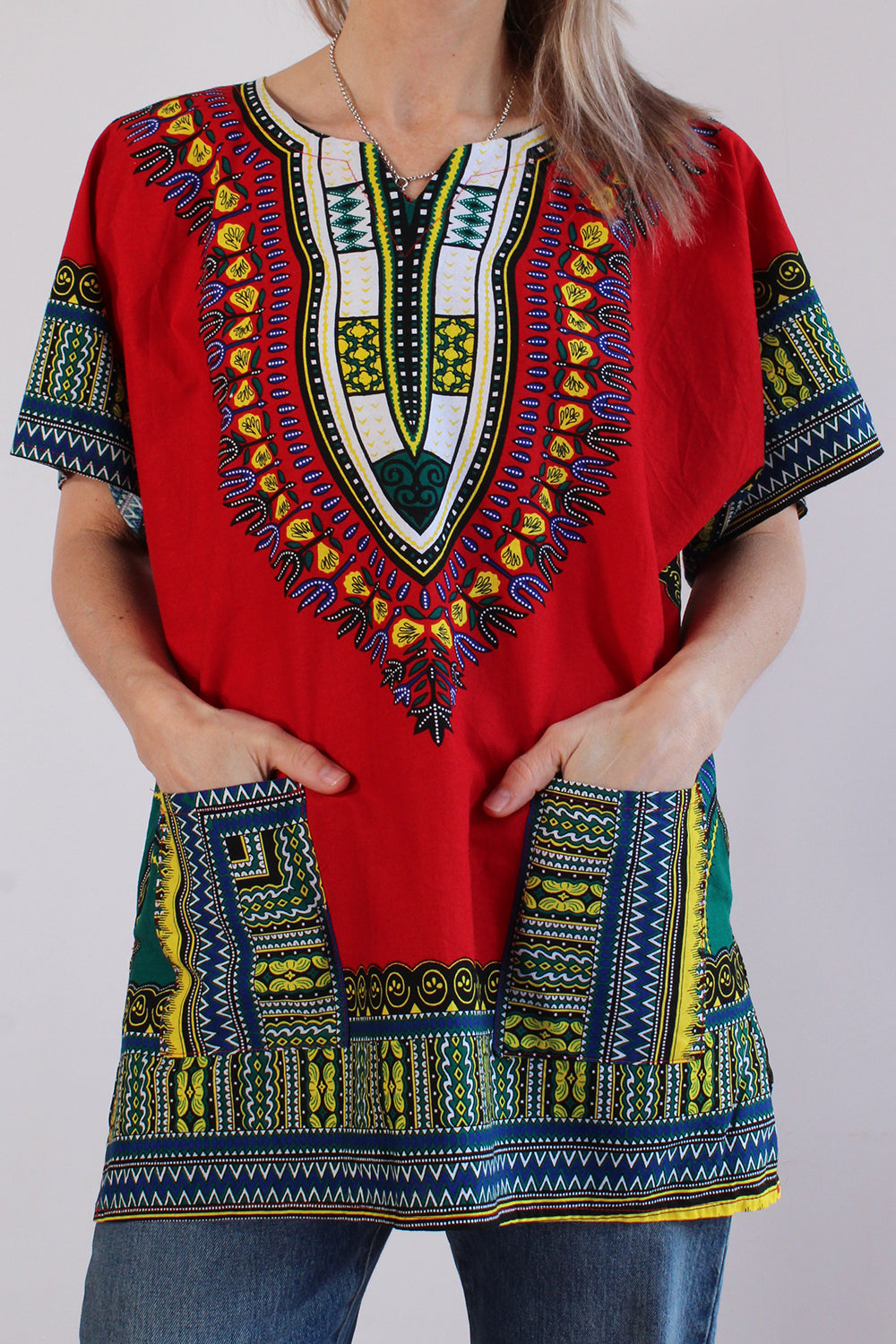 Vintage jaren 90 dashiki print tuniek rood-multi - katoenen loose fit tuniek met korte mouw maat 38-40