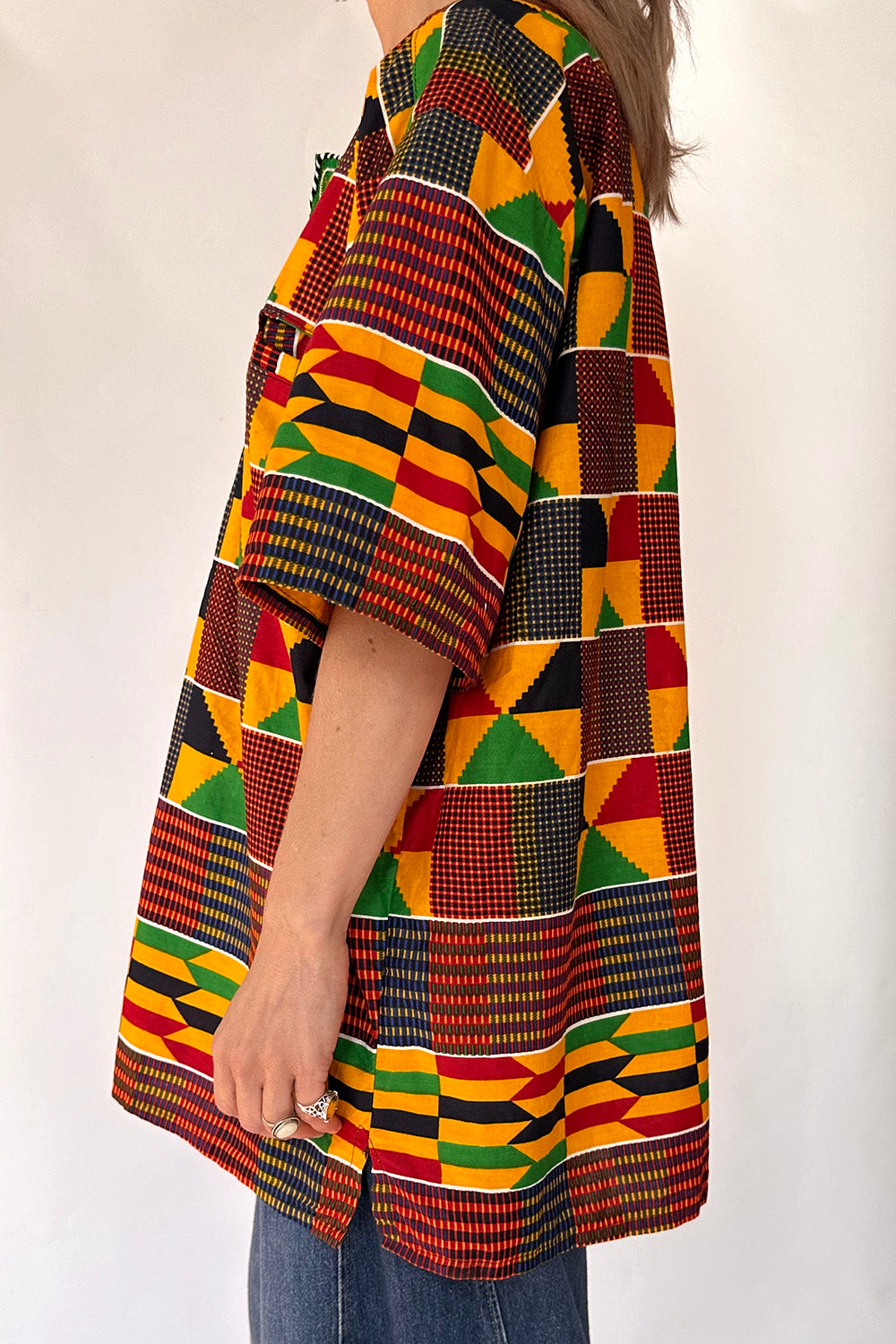 Vintage Afrikaanse batik tuniek zijkant handgemaakt kleurrijk