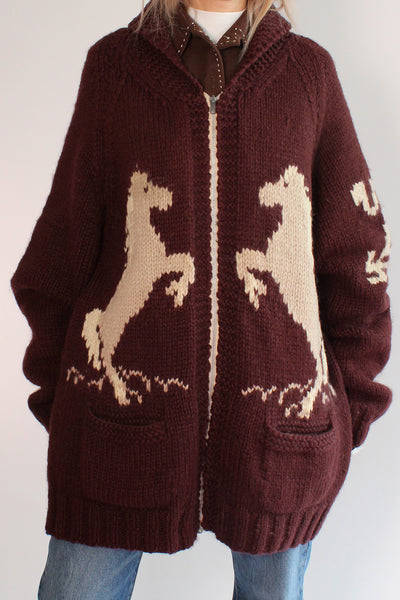 Vintage Chuncky knit Cowichan Horse cardigan vest