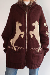 Vintage Chuncky knit Cowichan Horse cardigan vest