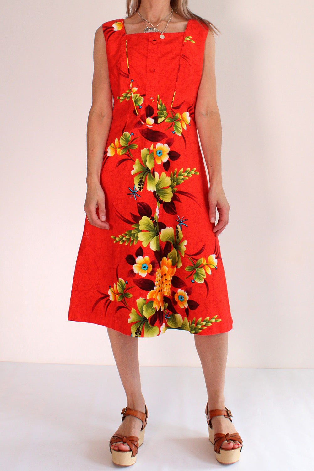 Vintage jaren 70 Hawaii jurk oranjerood-groen-geel-blauw-bruin-wit - katoenen mouwloze jurk maat 34