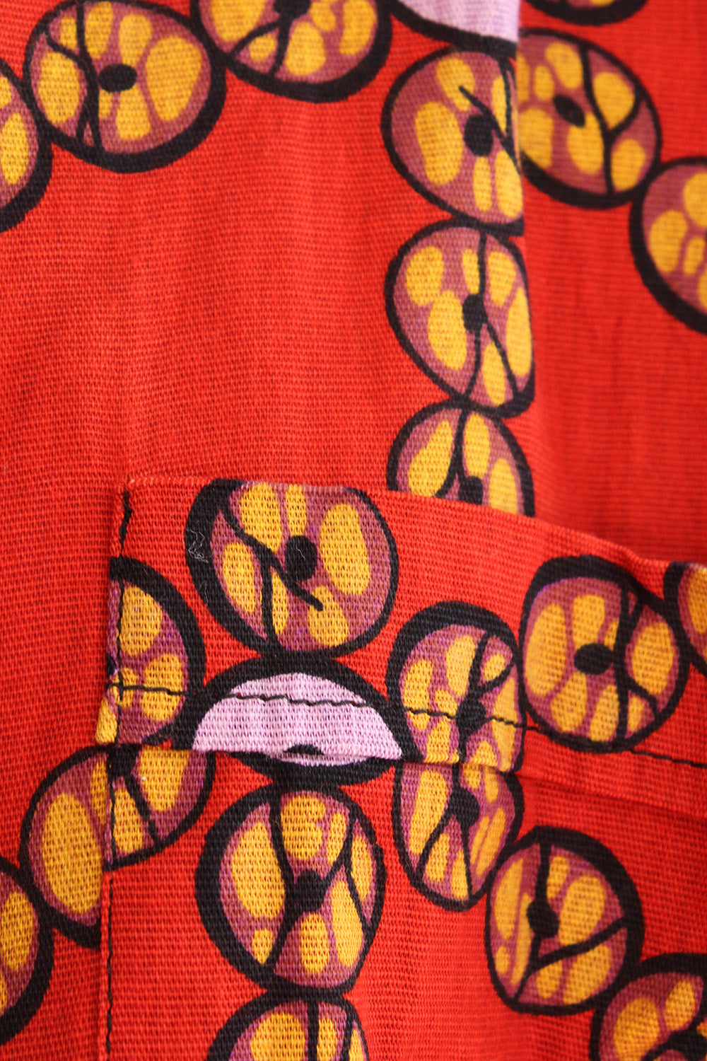 Vintage jaren 90 handgemaakte oversized batik blouse oranje-geel-lila-zwart-bruin  - katoenen Batik print en stofstructuur