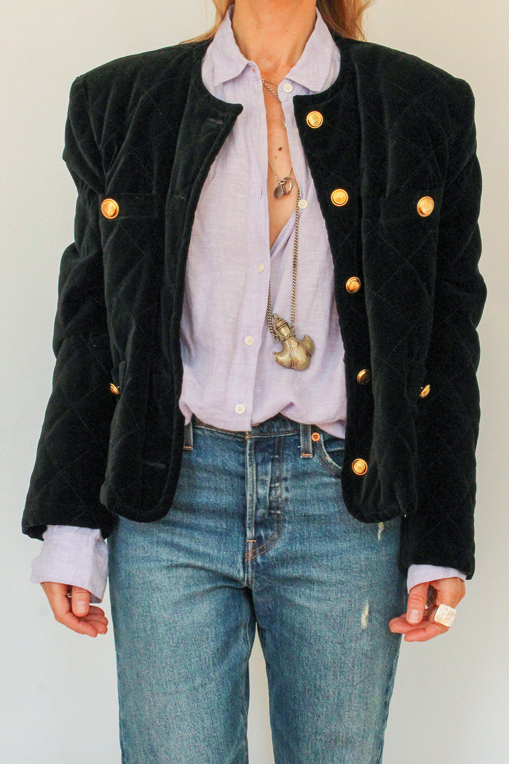 Vintage doorgestikte velvet blazer