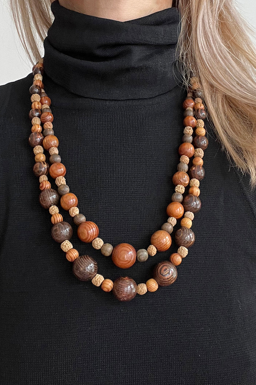 Vintage dubbele houten kralenketting