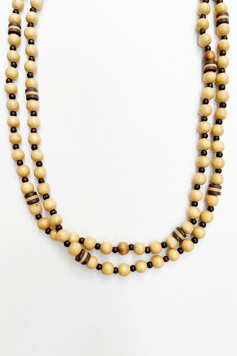 Vintage houten kralenketting beige-bruin - lange ketting 122 cm enkel of dubbel te dragen