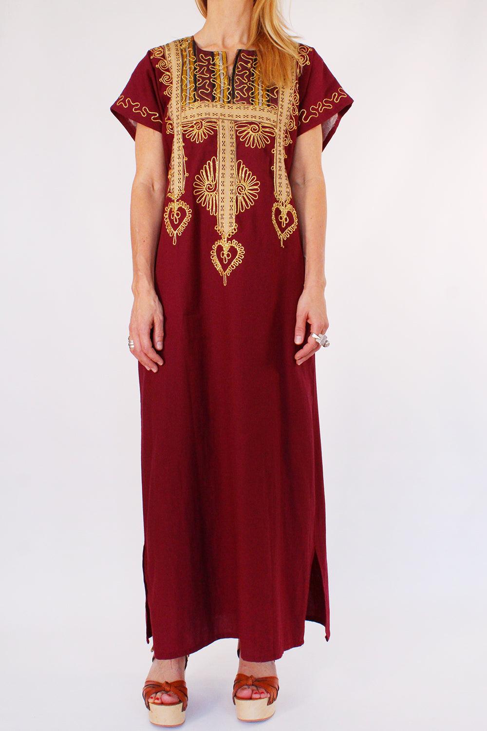 Vintage bohemian kaftan jurk bordeauxrood-goud-multi - wijd uitlopende loose fit jurk met goudkleurig metaaldraad maat 34-38