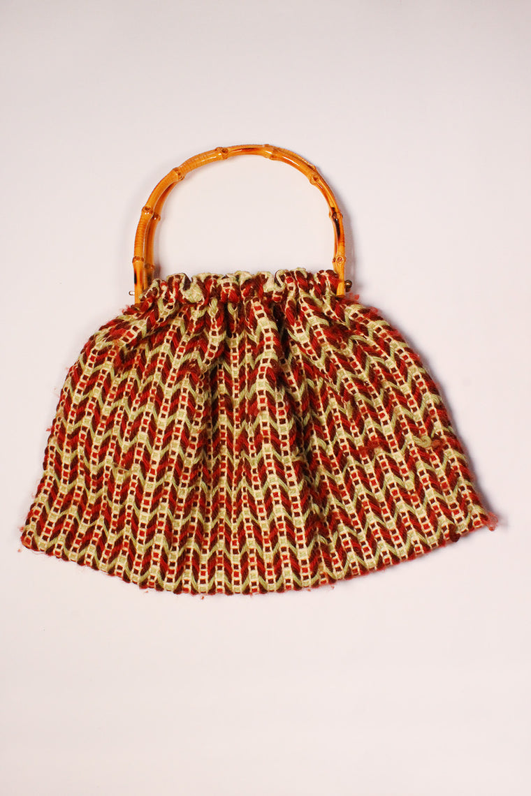 Vintage sixties gebreide tas met bamboe hengsel