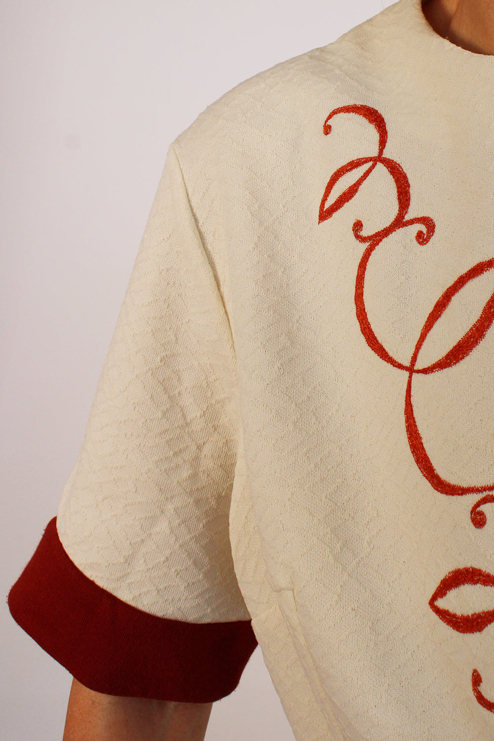 Vintage jaren 60 geborduurde midi jurk creme-brique detail - close-up van geborduurde hals en structuur mouw