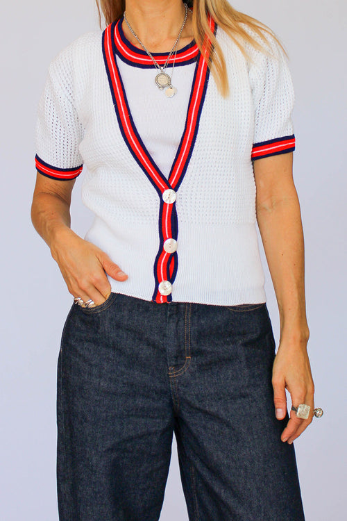 70s vintage top met vestje voor dames, tweedelig setje met gebreide top en bijpassend vest in authentieke jaren zeventig stijl