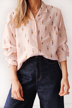 Vintage jaren 70 blouse voor dames, novelty print en losvallend silhouet met authentieke vintage uitstraling