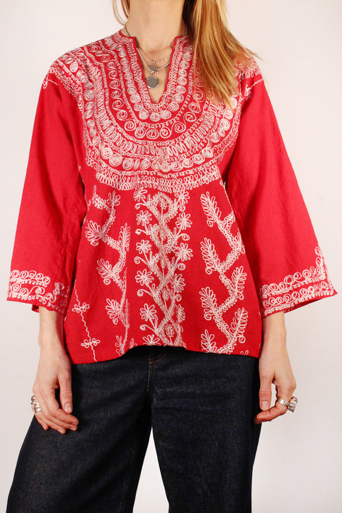 Vintage jaren 70 tuniek voor dames, geborduurd en losvallende pasvorm met bohemian vintage uitstraling